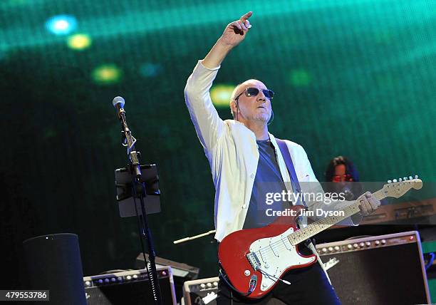 Pete Townshend of The Who performs live on the Pyramid stage during the third day of Glastonbury Festival at Worthy Farm, Pilton on June 28, 2015 in...