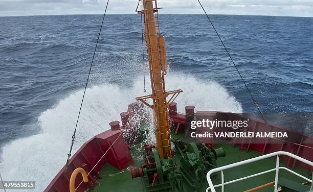 The Brazilian Navy's Oceanographic Ship Ary Rongel goes through the Drake Passage on its way to Antarctica on March 3, 2014. The Drake passage...