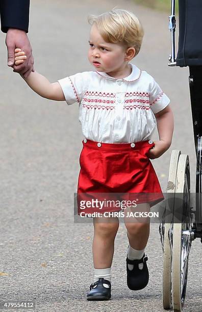 Prince George of Cambridge arrives for his sister Charlotte's Christening at St. Mary Magdalene Church in Sandringham, England, on July 5, 2015....