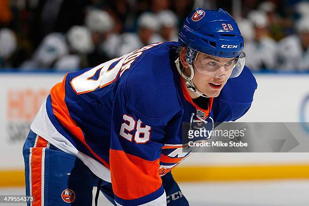 Johan Sundstrom of the New York Islanders skates in his first NHL game against the San Jose Sharks at Nassau Veterans Memorial Coliseum on March 14,...