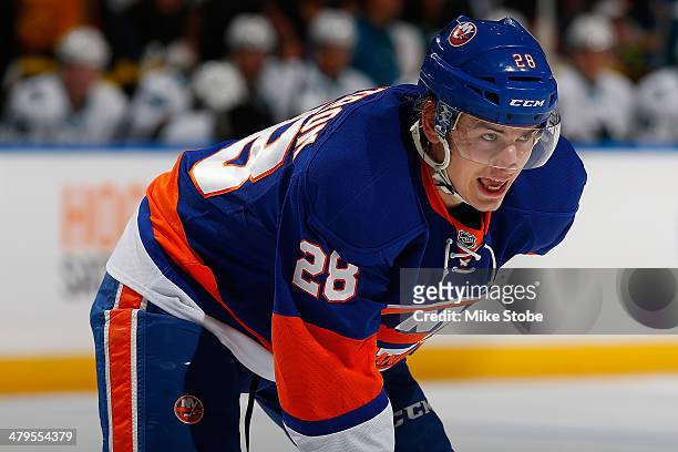 Johan Sundstrom of the New York Islanders skates in his first NHL game against the San Jose Sharks at Nassau Veterans Memorial Coliseum on March 14,...