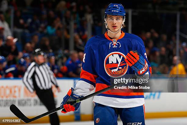 Johan Sundstrom of the New York Islanders skates in his first NHL game against the San Jose Sharks at Nassau Veterans Memorial Coliseum on March 14,...