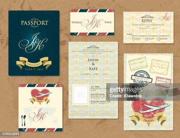 passport wanderlustwedding einladung thema set - reisepass stock-grafiken, -clipart, -cartoons und -symbole