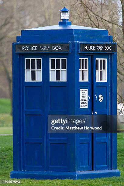 The Tardis spotted during filming for the eighth series of BBC show Doctor Who in Bute Park on March 18, 2014 in Cardiff, Wales.