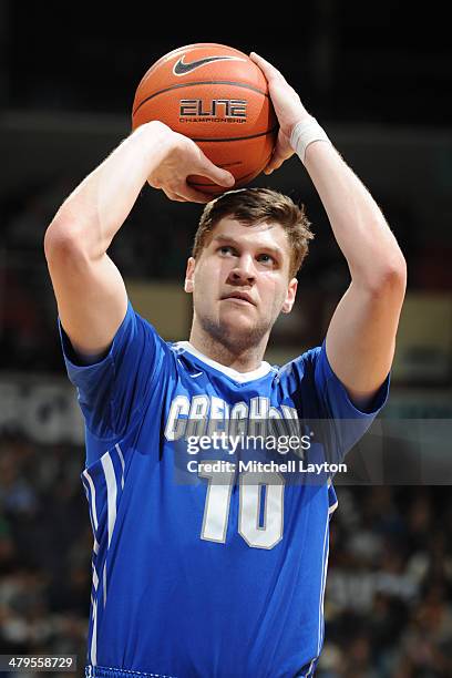 Grant Gibbs of the Creighton Bluejays takes a foul shot during college basketball game against the Georgetown Hoyas on March 4, 2014 at the Verizon...