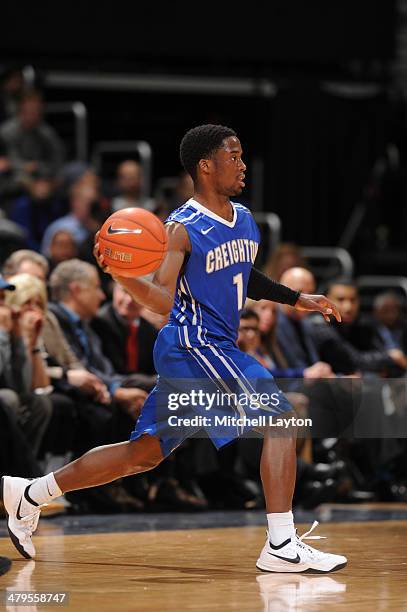 Austin Chatman of the Creighton Bluejays looks to pass the ball during college basketball game against the Georgetown Hoyas on March 4, 2014 at the...