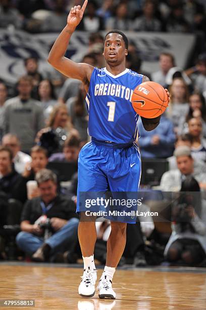 Austin Chatman of the Creighton Bluejays dribbles up court during college basketball game against the Georgetown Hoyas on March 4, 2014 at the...