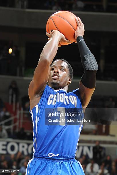 Austin Chatman of the Creighton Bluejays takes a jump shot during college basketball game against the Georgetown Hoyas on March 4, 2014 at the...