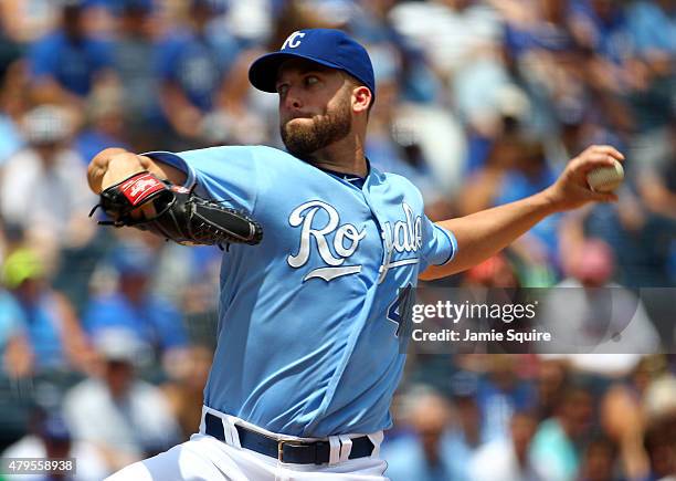 Starting pitcher Danny Duffy of the Kansas City Royals pitches during the 1st inning of the game against the Minnesota Twins at Kauffman Stadium on...