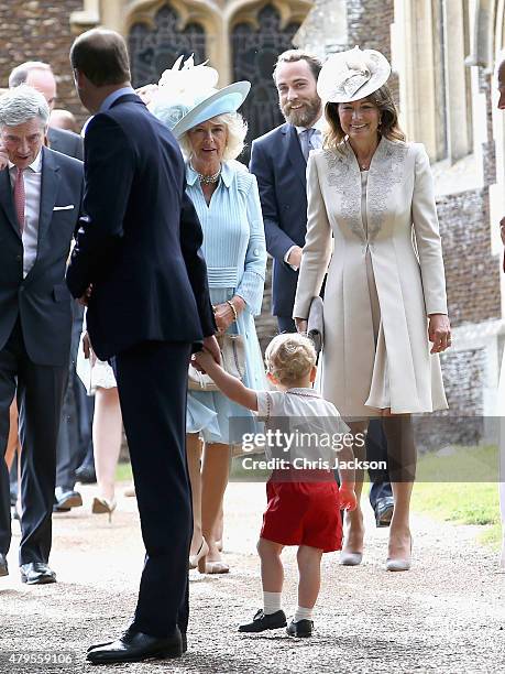 Prince George of Cambridge, Michael Middleton, Camilla, Duchess of Cornwall, James Middleton and Carole Middleton leave the Church of St Mary...