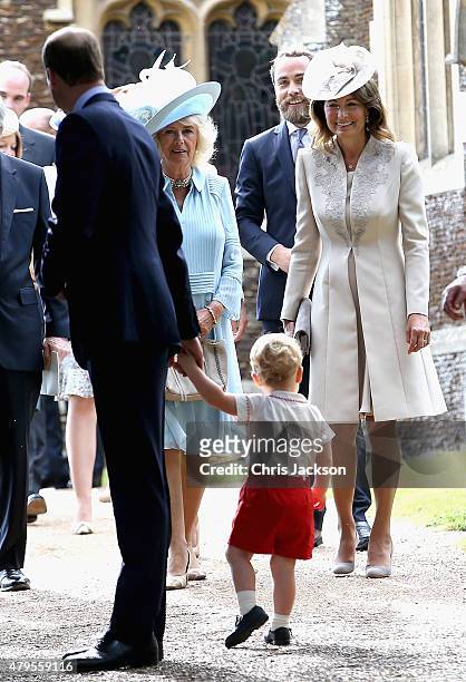 Prince George of Cambridge, Michael Middleton, Camilla, Duchess of Cornwall, James Middleton and Carole Middleton leave the Church of St Mary...