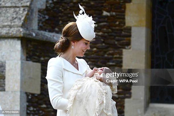 Catherine, Duchess of Cambridge and Princess Charlotte of Cambridge arrive at the Church of St Mary Magdalene on the Sandringham Estate for the...