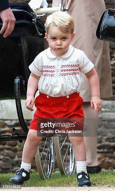 Prince George of Cambridge leaves the Church of St Mary Magdalene on the Sandringham Estate for the Christening of Princess Charlotte of Cambridge on...