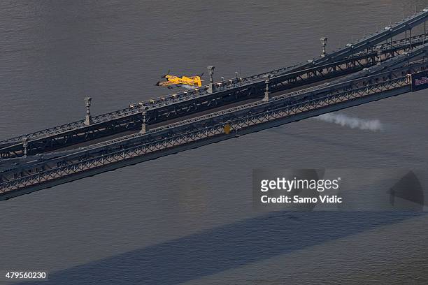 Nigel Lamb of Great Britain performs during the finals of the fourth stage of the Red Bull Air Race World Championship on July 5, 2015 in Budapest,...