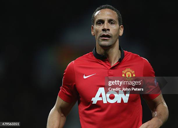 Rio Ferdinand of Manchester United in action during the UEFA Champions League Round of 16 second leg match between Manchester United and Olympiacos...