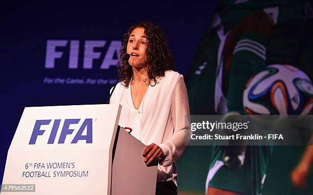 Former Spainish international player Veronica Boquete addresses the delagates during the third day of the 6th FIFA Women's Football Symposium at the...