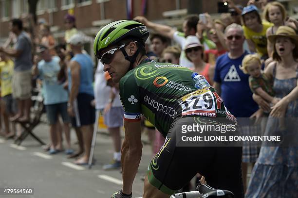 France's Thomas Voeckler rides during the 166 km second stage of the 102nd edition of the Tour de France cycling race on July 5 between Utrecht and...