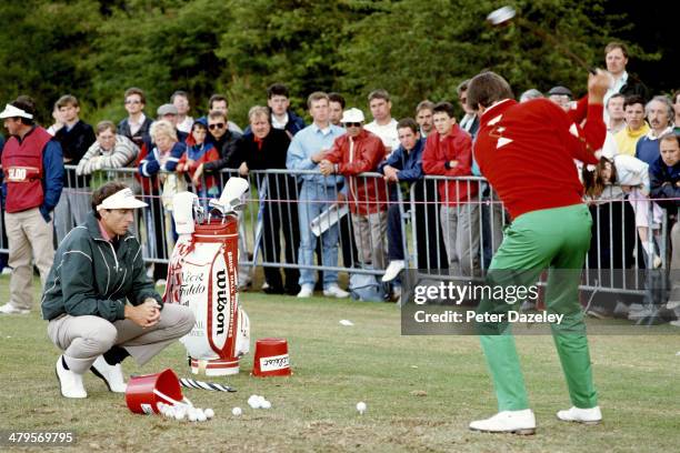 Nick Faldo of England with his coach David Leadbetter of Zimbabwe during the 1990 Volvo PGA Championship on the West Course at Wentworth Golf Club on...