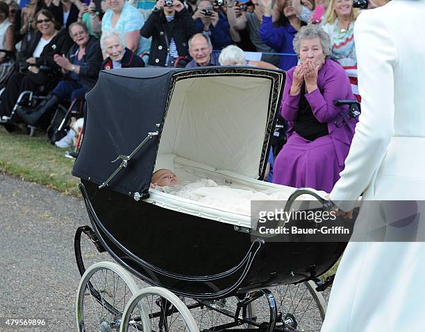 Catherine Duchess of Cambridge and Princess Charlotte of Cambridge arrive at the Church of St Magdalene on the Queen's Sandringham Estate on July 05,...