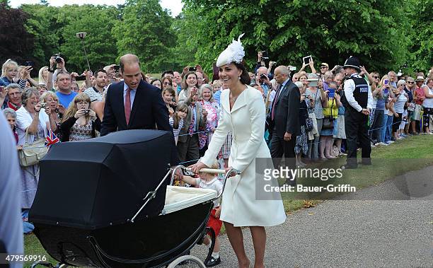 Prince William, Duke of Cambridge, Prince George of Cambridge, Catherine Duchess of Cambridge and Princess Charlotte of Cambridge arrive at the...
