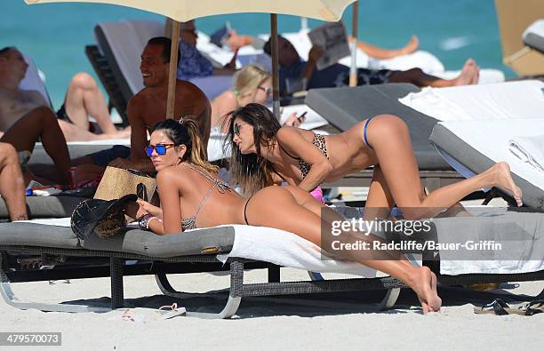 Karina Jelinek is seen at the beach with Paz Cornu on March 19, 2014 in Miami, Florida.