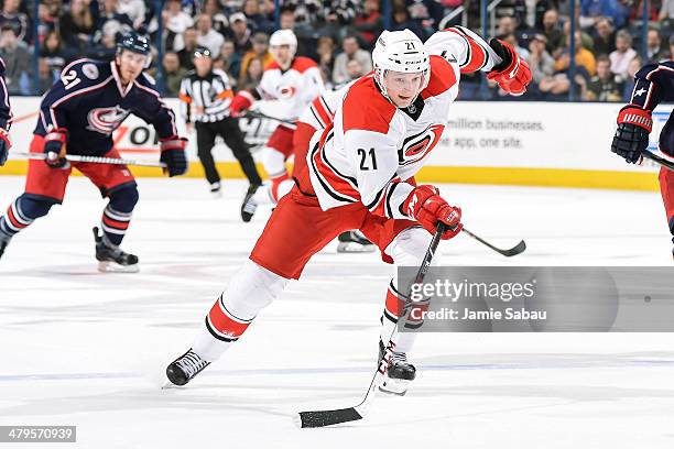 Drayson Bowman of the Carolina Hurricanes skates against the Columbus Blue Jackets on March 18, 2014 at Nationwide Arena in Columbus, Ohio.