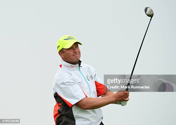 Greig Hutcheon of Paul Lawrie Golf Centre in action during the second day of the AAM Scottish Open Qualifier at North Berwick Golf Club on July 5,...