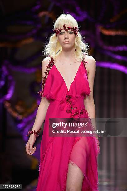 Model walks the runway during the Atelier Versace show as part of Paris Fashion Week Haute Couture Fall/Winter 2015/2016 on July 5, 2015 in Paris,...