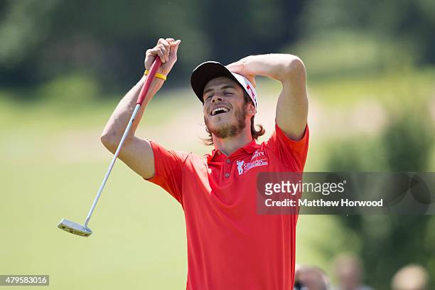 Footballer Gareth Bale shows his frustration during the annual Celebrity Cup golf tournament at Celtic Manor Resort on July 4, 2015 in Newport,...