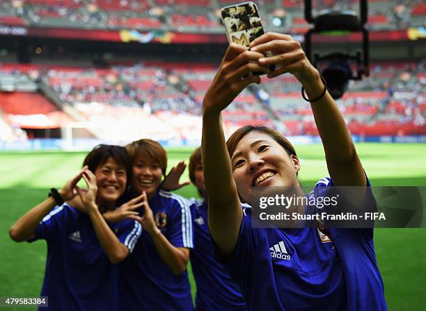 Players of Japan make a selfie prior to the FIFA Women's World Cup Final between USA and Japan at BC Place Stadium on July 5, 2015 in Vancouver,...