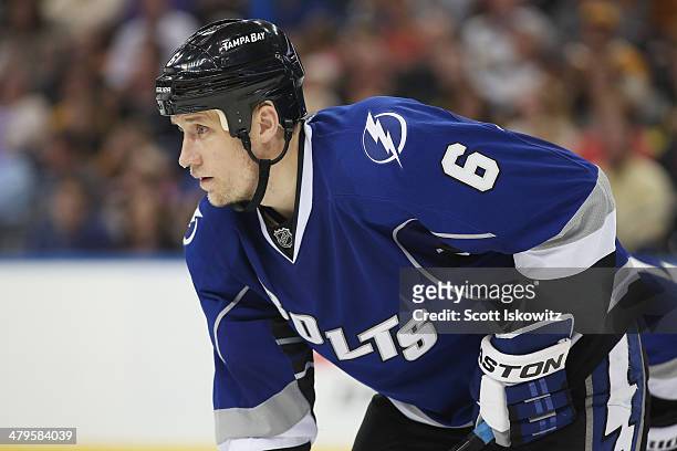 Sami Salo of the Tampa Bay Lightning skates against the Boston Bruins at Tampa Bay Times Forum on March 8, 2014 in Tampa, Florida.