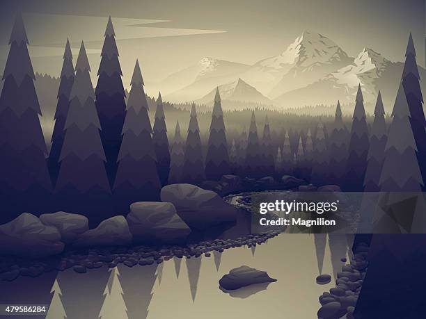 ilustraciones, imágenes clip art, dibujos animados e iconos de stock de paisaje de bosque al río y las montañas - niebla