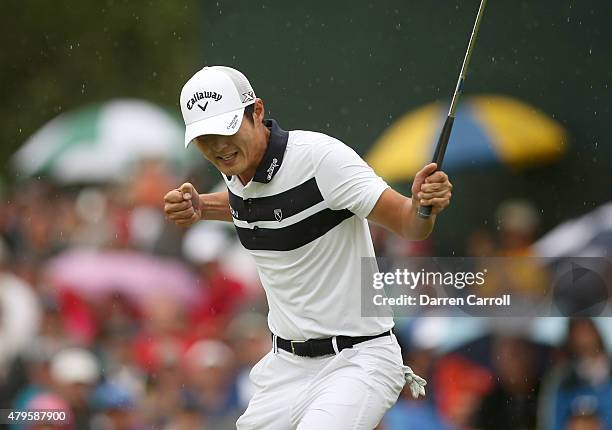 Danny Lee of New Zealand reacts after making a birdie putt on the 18th hole during a playoff against David Hearn of Canada, Robert Streb and Kevin...