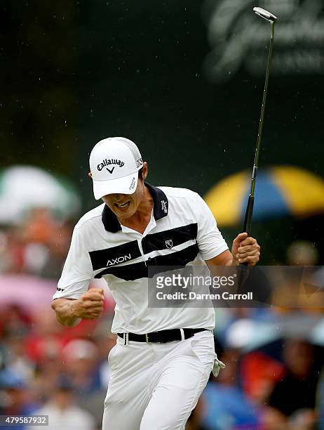 Danny Lee of New Zealand reacts after making a birdie putt on the 18th hole during a playoff against David Hearn of Canada, Robert Streb and Kevin...