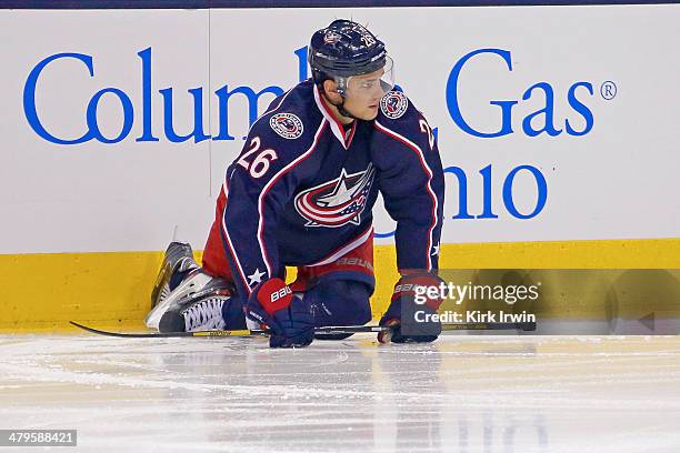 Corey Tropp of the Columbus Blue Jackets stretches prior to the start of the second period during the game against the Detroit Red Wings on March 11,...