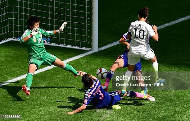 Carli Lloyd of USA scores her teams second goal during the FIFA Women's World Cup 2015 Final between USA and Japan at BC Place Stadium on July 5,...