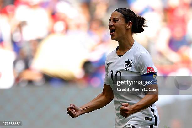 Carli Lloyd of the United States celebrates scoring the opening goal against Japan in the FIFA Women's World Cup Canada 2015 Final at BC Place...