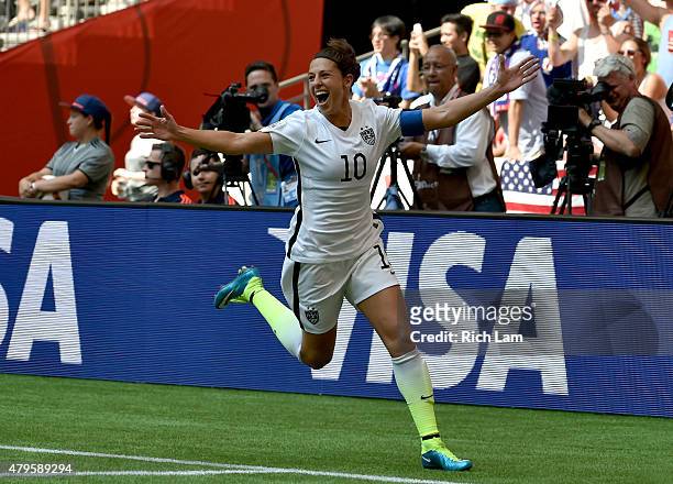 Carli Lloyd of the United States celebrates her second goal in the first half against Japan in the FIFA Women's World Cup Canada 2015 Final at BC...