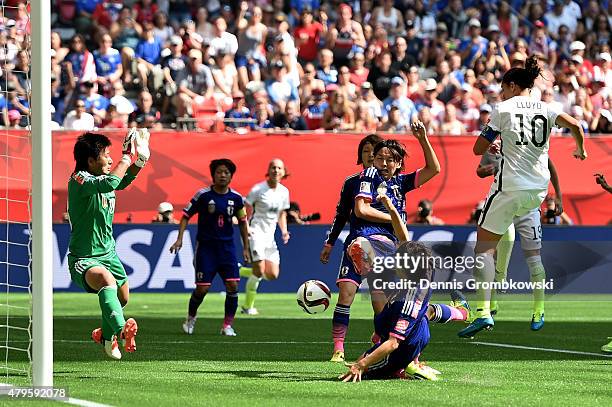 Carli Lloyd of the United States scores her second goal in the first half against Japan in the FIFA Women's World Cup Canada 2015 Final at BC Place...