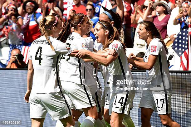 The United States celebrates a first half goal against Japan in the FIFA Women's World Cup Canada 2015 Final at BC Place Stadium on July 5, 2015 in...