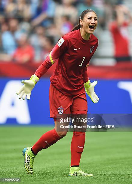 Hope Solo of USA celebrates during the FIFA Women's World Cup Final between USA and Japan at BC Place Stadium on July 5, 2015 in Vancouver, Canada.