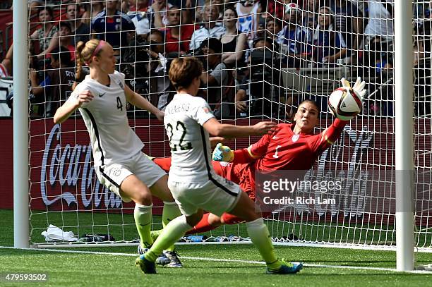 Goalkeeper Hope Solo of the United States is unable to make a save in the second half as Japan scores in the FIFA Women's World Cup Canada 2015 Final...