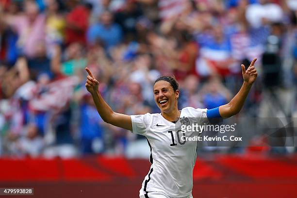 Carli Lloyd of the United States reacts in the first half after scoring a goal against Japan in the FIFA Women's World Cup Canada 2015 Final at BC...