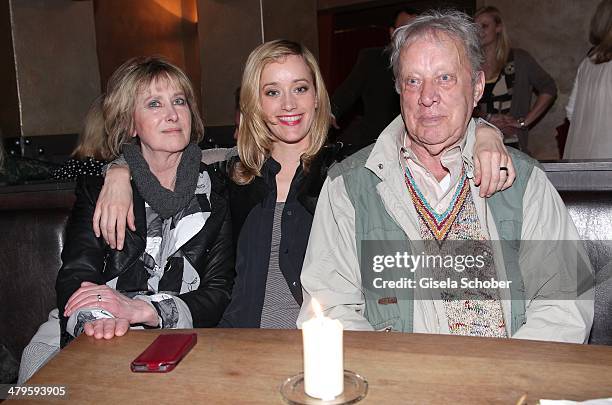 Beatrice Richter and daughter Judith Richter and her father Heinz Baumann attend the NDF After Work Presse Cocktail at Parkcafe on March 19, 2014 in...