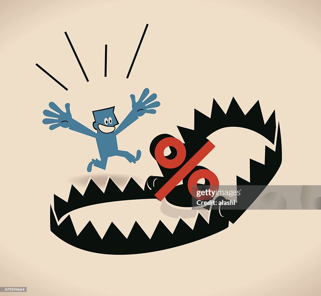 Homme d'affaires et Piège à ours (écueil de façon exemplaire) avec symbole pour cent (signe) bait