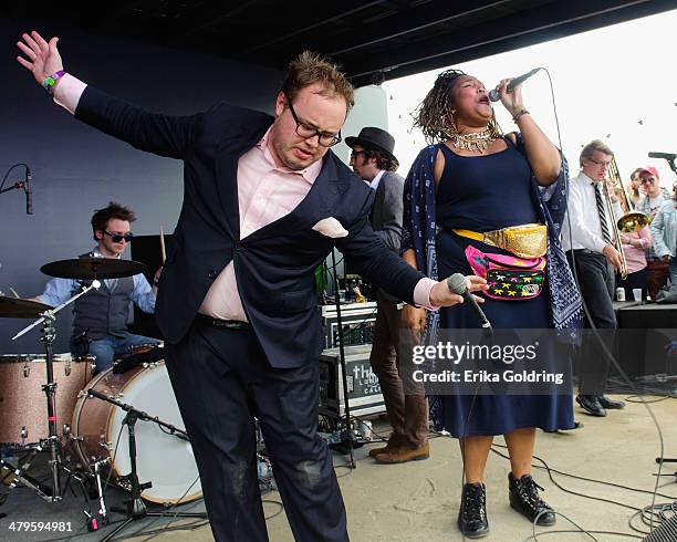 Paul Janeway of St. Paul & the Broken Bones performs with hip hop artist Melissa Jefferson aka Lizzo at The Spotify House on March 14, 2014 in...