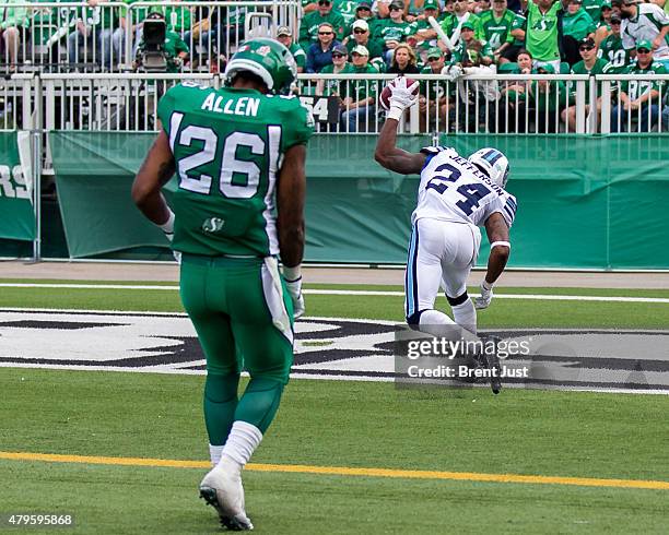 Jefferson of the Toronto Argonauts celebrates after a long interception return for a touchdown in the game between the Toronto Argonauts and...