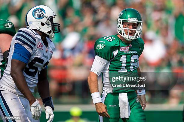 Brett Smith of the Saskatchewan Roughriders celebrates a late touchdown in the game between the Toronto Argonauts and Saskatchewan Roughriders in...