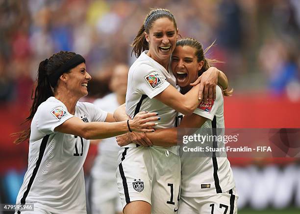 Tobin Heath of USA celebrates scoring the fifth goal with Morgan Brian during the FIFA Women's World Cup Final between USA and Japan at BC Place...