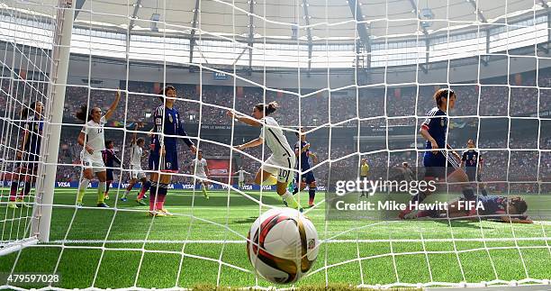 Carli Lloyd of USA celebrates after scoring her team's first goal during FIFA Women's World Cup 2015 Final between USA and Japan at BC Place Stadium...